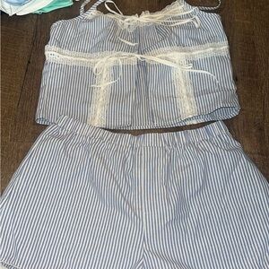 Striped Blue and White Lace Trim Sleepwear Set